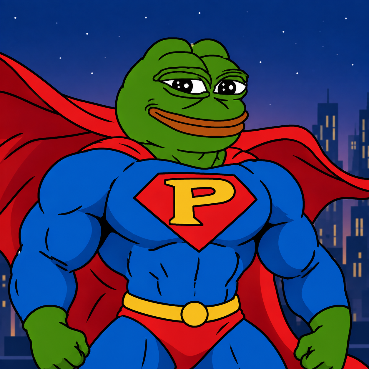 Super Pepe, a green frog superhero flying over a city at night